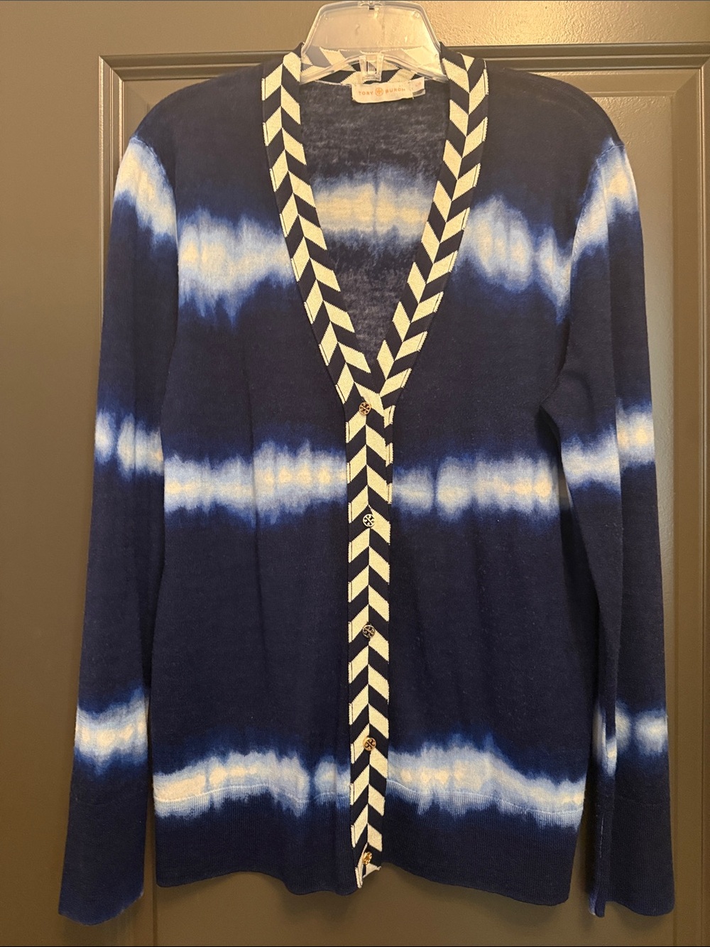 Tory Burch Navy and White Tie-Dye Chevron-Trim Cardigan Wool with Gold Buttons